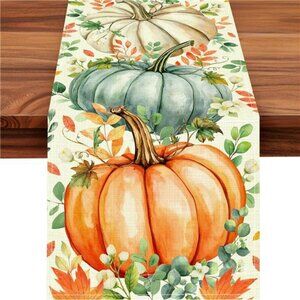 Pumpkin Eucalyptus Fall Table Runner 13x72 Thanksgiving Autumn Party Table Decor